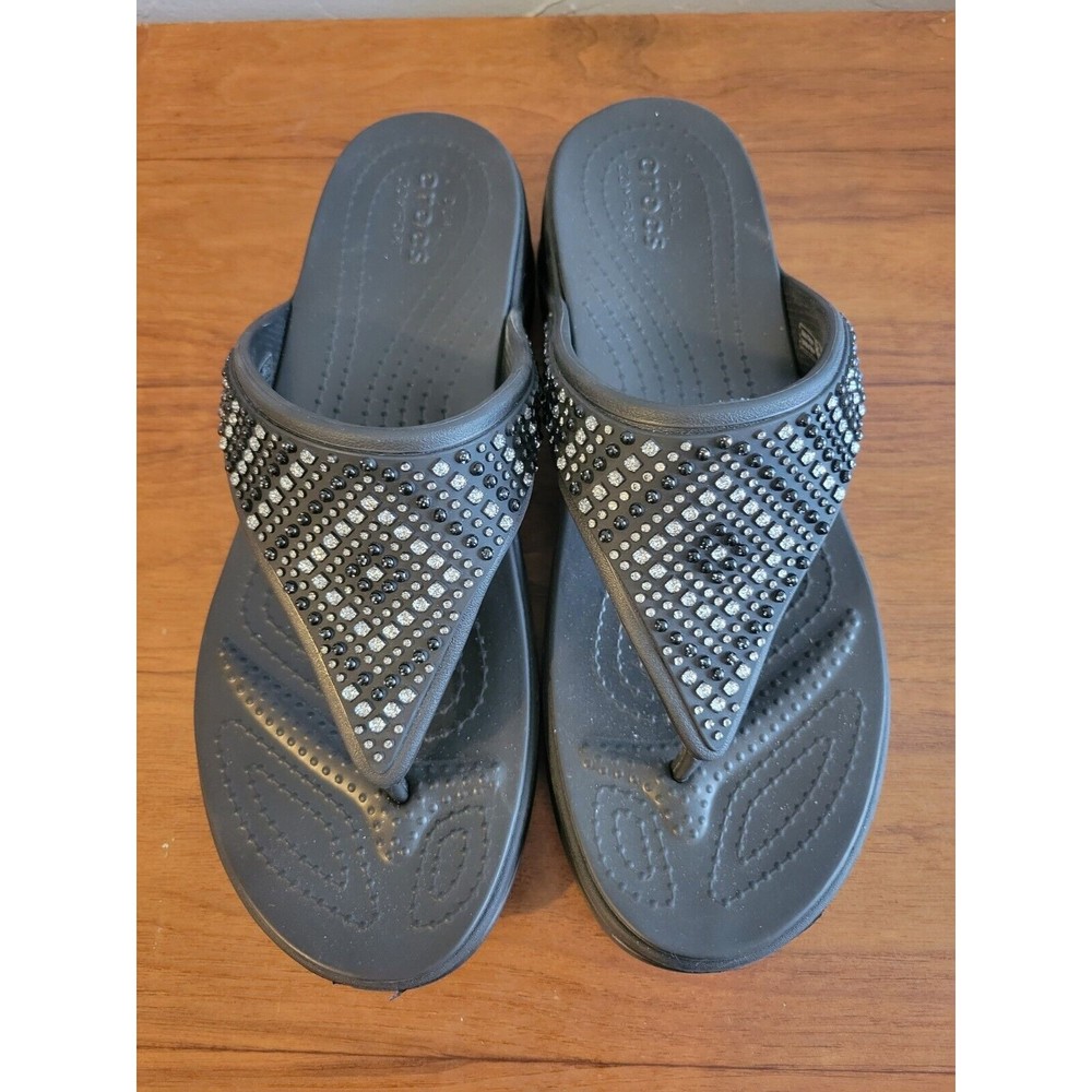 Crocs Flip Flops Sandals Black Wedge Bling Jewel Size 10